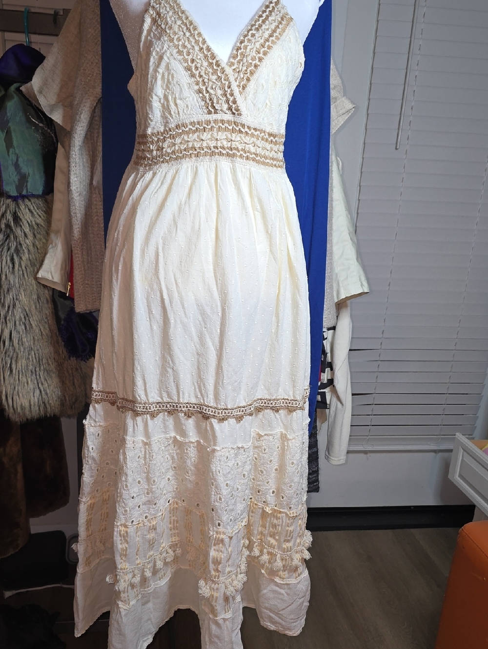 Mango Cream Crochet-Trim Maxi Dress